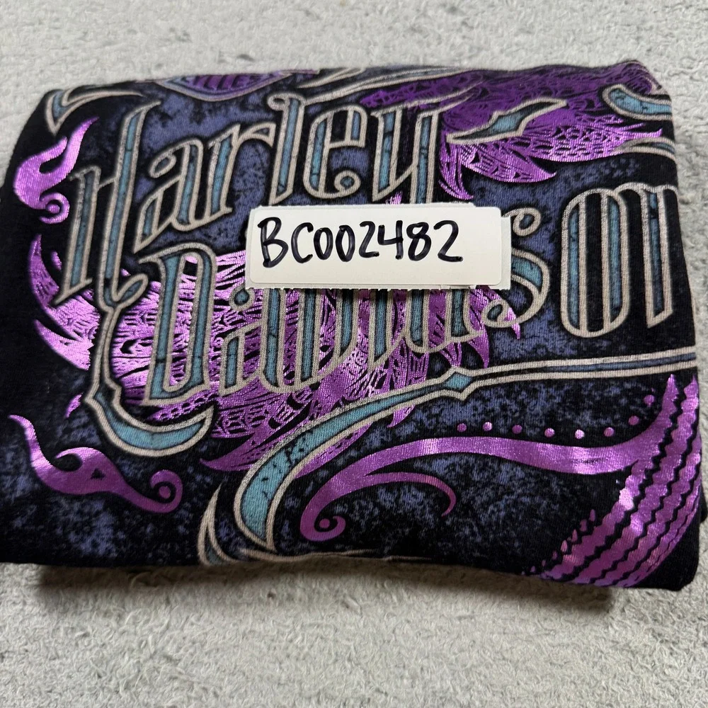 Harley Davidson Women Graphic T Shirt Large Black Wild West Lubbock TX Purple